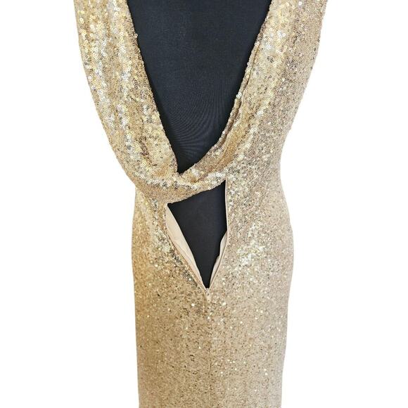 Gold Sequin Evening Gown Dress Cowl Draping Back & Zip Up Back Aleena Grace Sz 4 - Picture 10 of 14